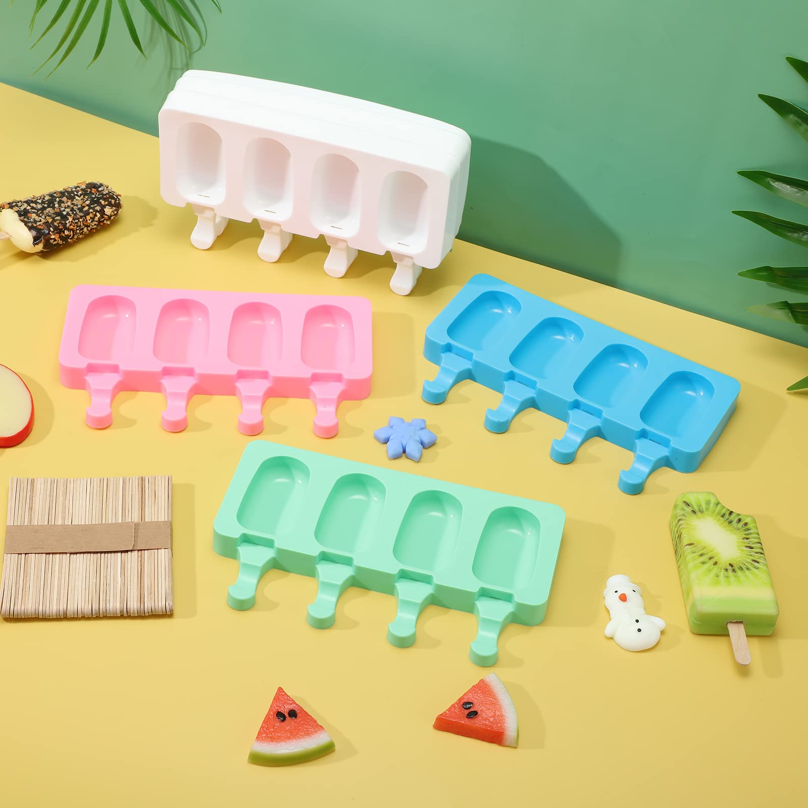 Irenare 12 Pcs Cakesicle Molds Set, 4 Cavities Ice Pop Mold Silicone Cake Pop Mold Ice Cream Molds Oval With 400 Wooden Sticks F