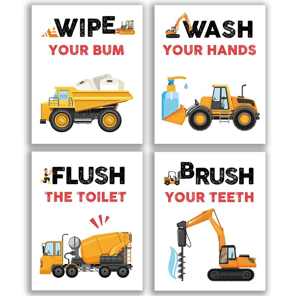 Suuura-Oo Funny Truck Bathroom Art Prints Set Of 4(8   X10   ), Watercolor Vehicle Paintings Truck Wall Art Poster For Nursery B