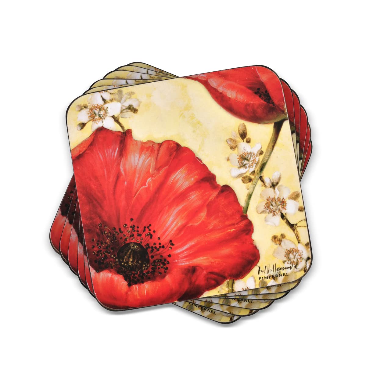 Pimpernel Poppy De Villeneuve Collection Coasters | Set Of 6 | Cork Backed Board | Heat And Stain Resistant | Drinks Coaster For