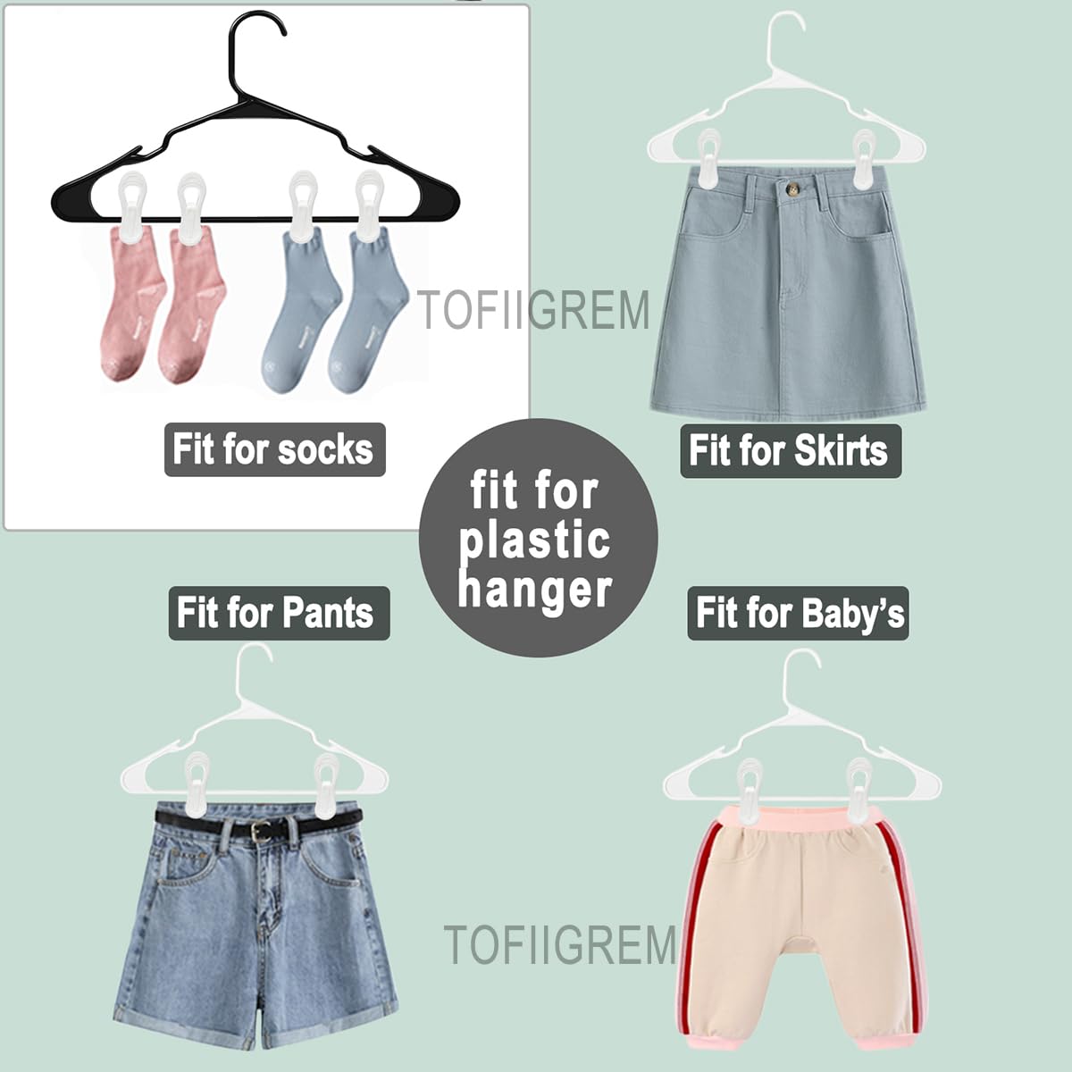 Tofiigrem White Hanger Clips For Plastic Hangers 60 Pack, Multi-Purpose Plastic Clips Easily Add On Clothes Skirt Hangers, Stron