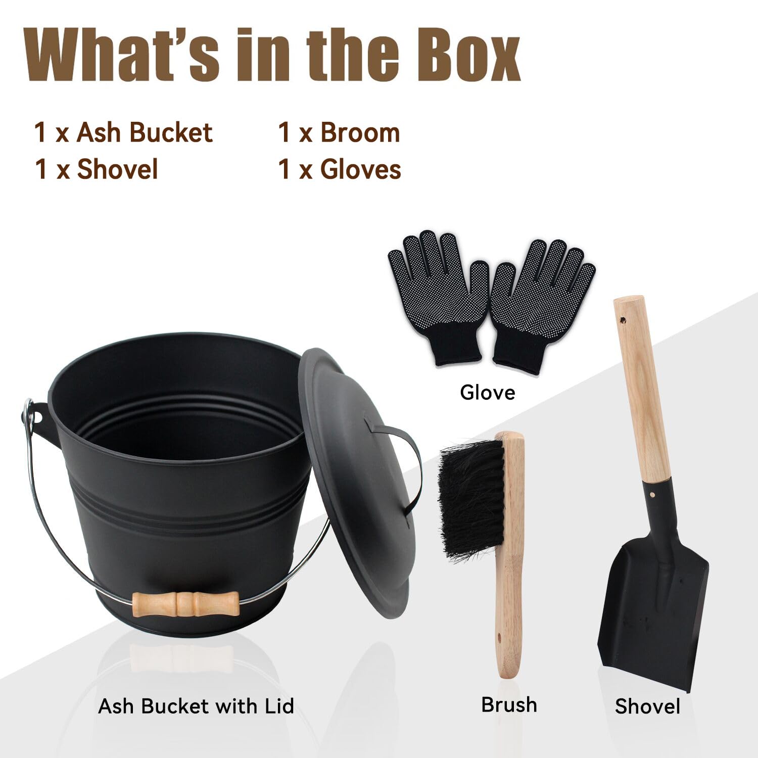 Brian & Dany Mini Ash Bucket With Lid And Shovel, 1.5 Gallon Fireplace Bucket With Broom, Coal Bucket Ash Can For Fireplace, Ash