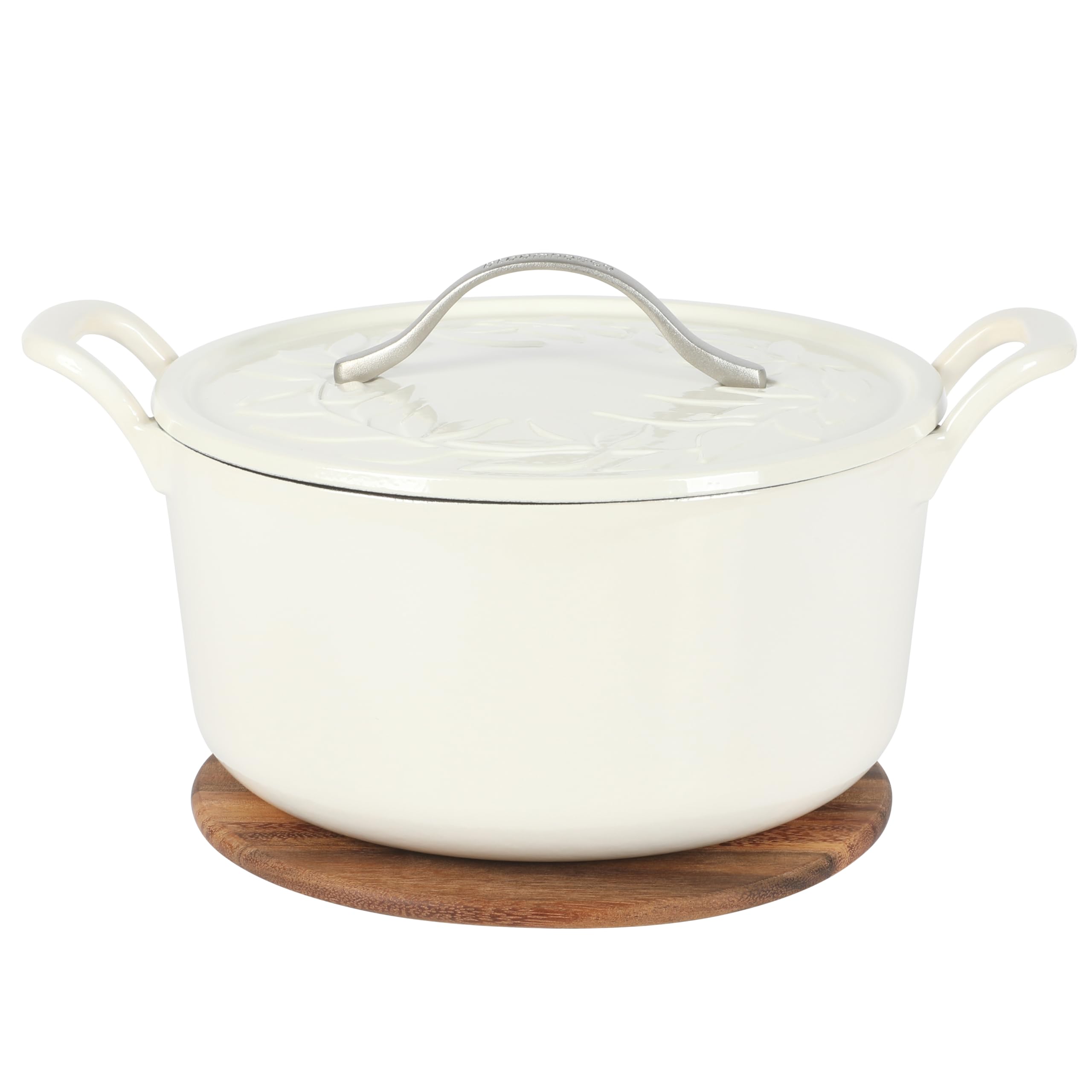 Bloomhouse - Two Time Oprahs Favorite Things Winner - 7 Qt Cast Iron Dutch Oven W/Embossed Lid, European Enamel, & Walnut Wood 