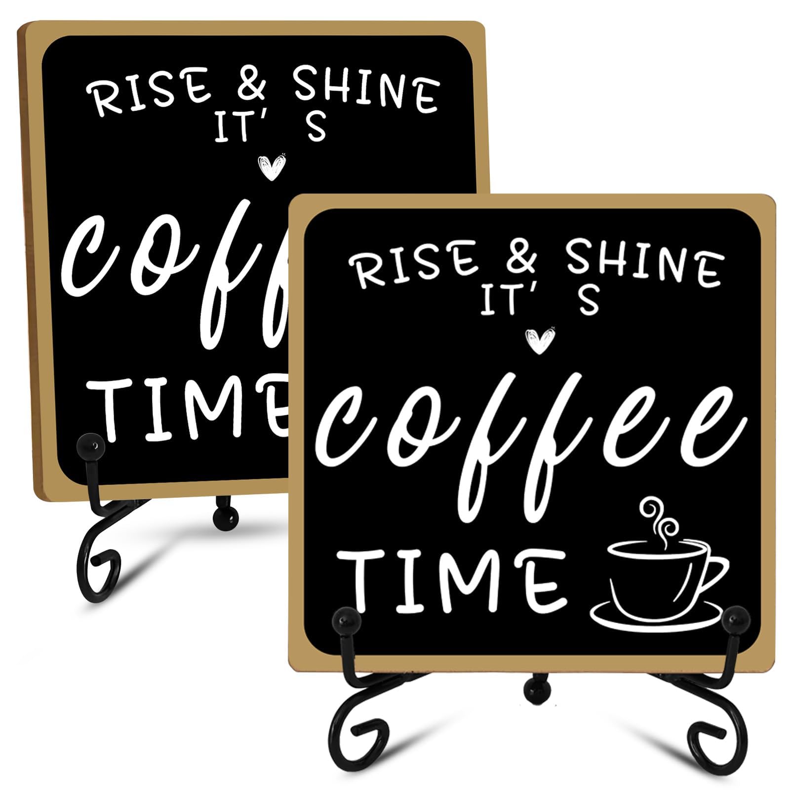 2Pcs Coffee Bar Sign Decorations, Black and White Coffee Sign Decor with Iron Stand Wooden Coffee Bar Decor Tabletop Shelf Acces