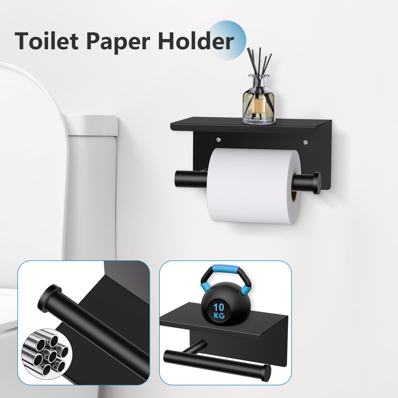 Tnoms 5 Pieces Towel Bar Set Matte Black Bathroom Hardware Set Upgraded Toilet Paper Holder With Shelf Towel Rail Set For Bathro