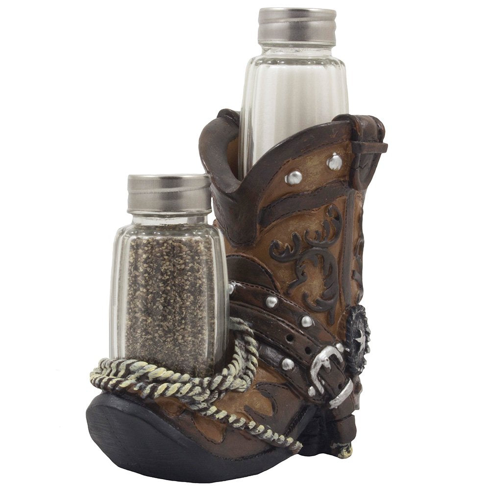 Home 'n Gifts Cowboy Boot Salt and Pepper Shaker Set, Brown Resin Figurine with Spur & Texas Star for Western Kitchen Decor