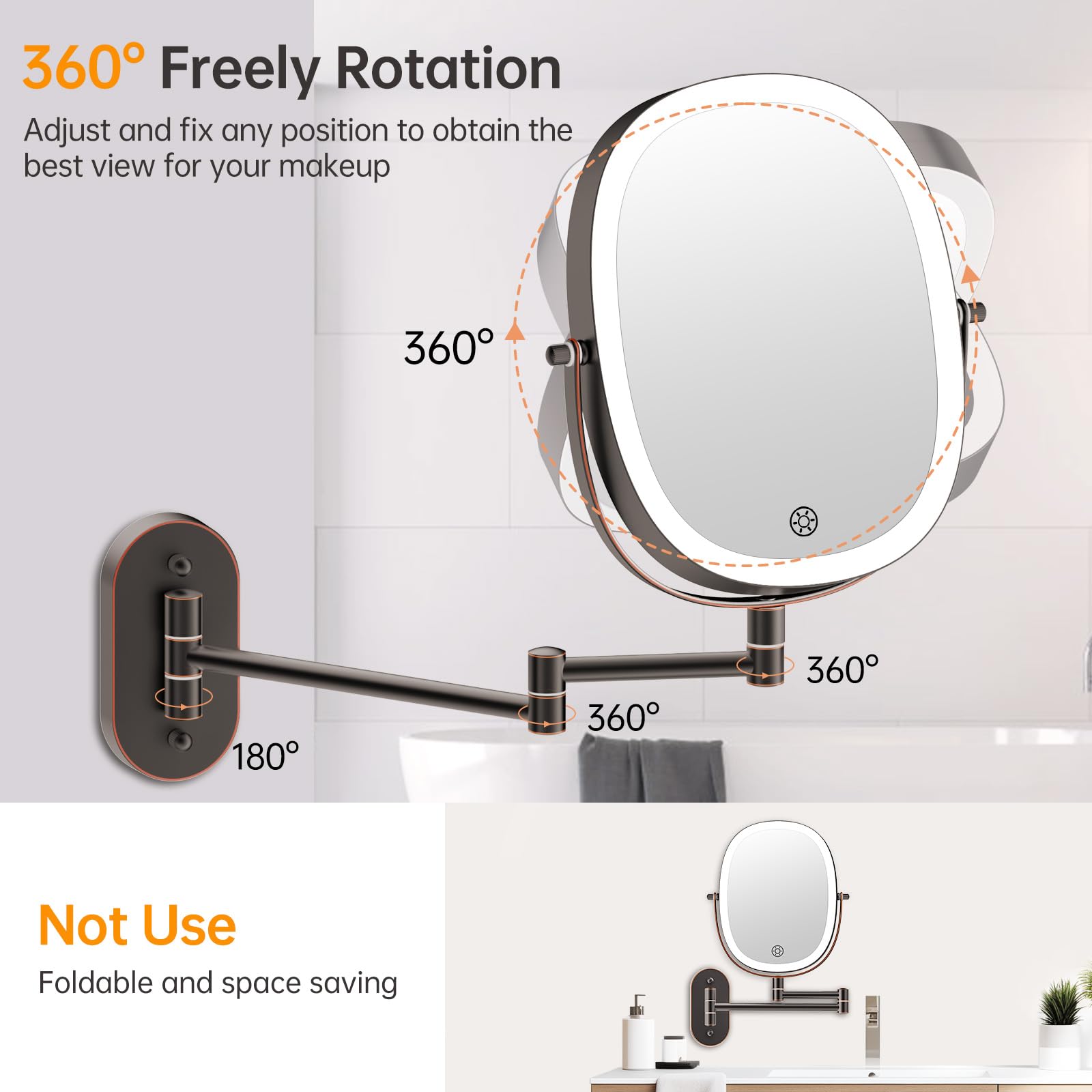 Rechargeable Wall Mounted Lighted Makeup Mirror, 8 Inch Double Sided Led Vanity Mirror 1X/7X Magnification,3 Color Lights Touch