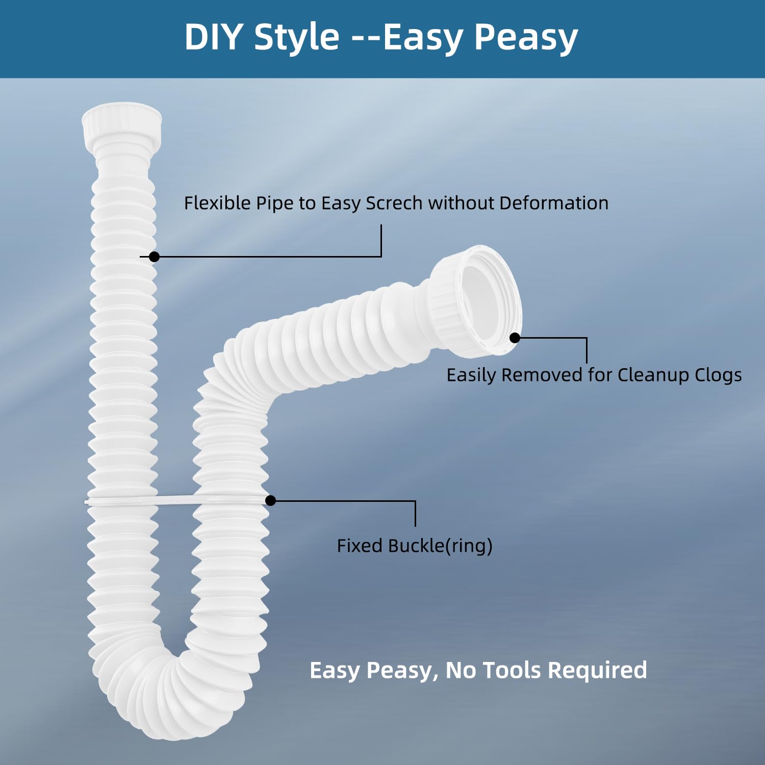 iFealClear P-Trap Pipe - Flexible Sink Drain with 4 Sealing Rings, 11"-34.5" Expandable, White Plastic