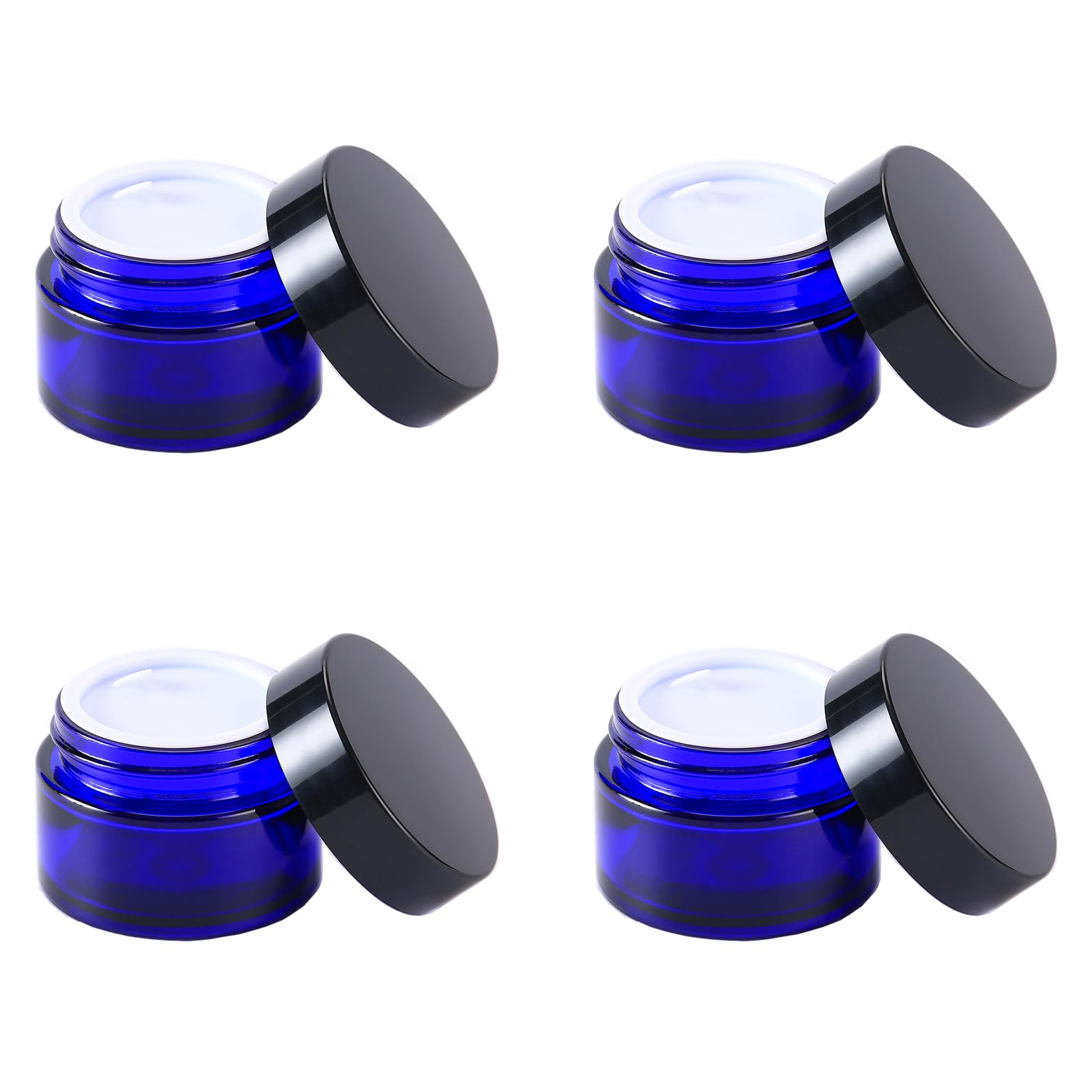 Over News 4Pcs 1 Oz Small Glass Jar, Empty Cosmetic Lotion Containers,With Inner Liners,Black Lid, Spatula (Blue)
