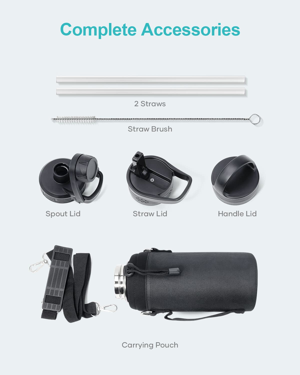 Buzio 32 Oz Water Bottle Insulated With Straw & 3 Lid And Carrying Pouch, Leak Proof Anti-Slip Stainless Steel Water Flask Jug,