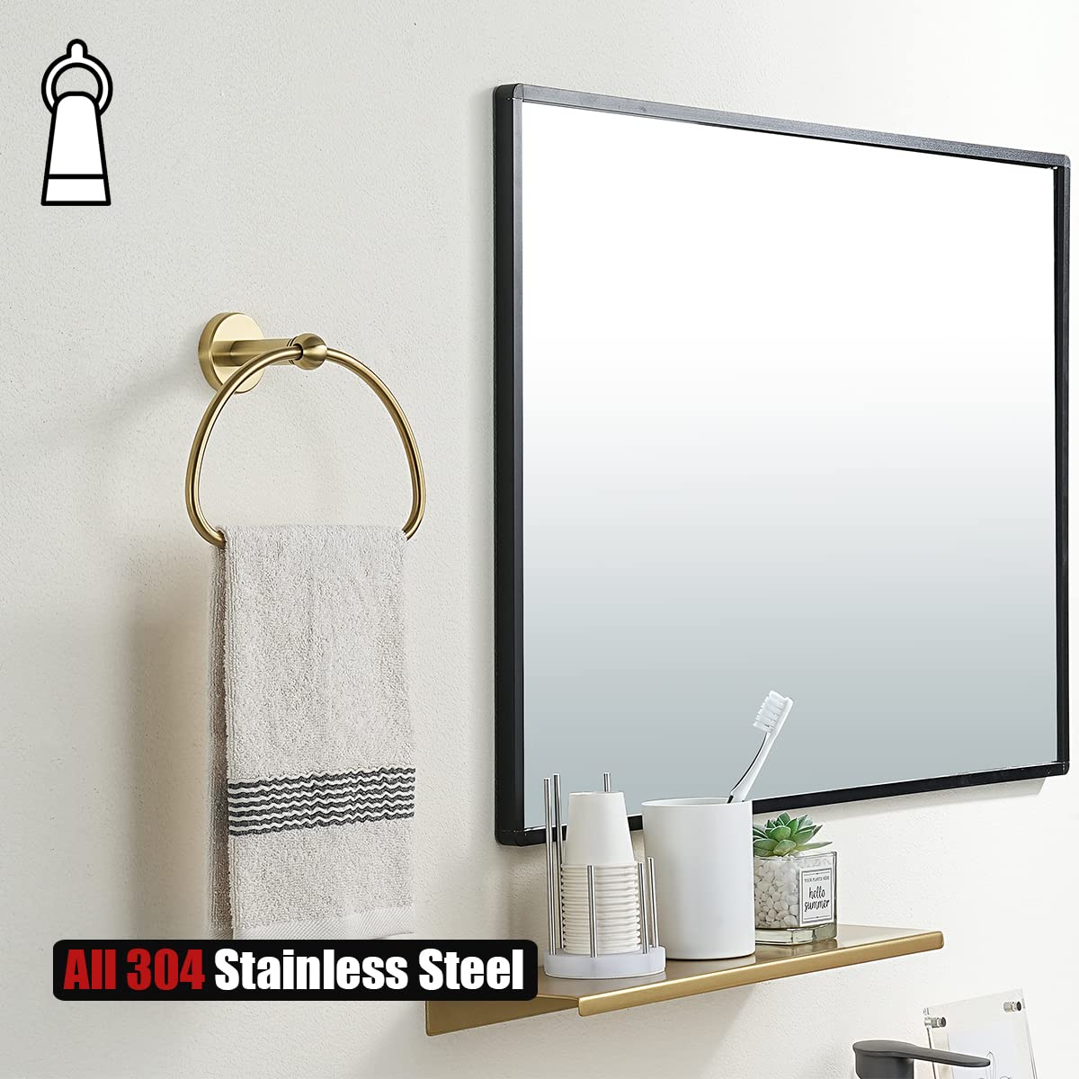 JQK Towel Ring Light Gold  Stainless Steel Half Ring Towel Holder for Bathroom  7 Inch Brushed Golden Wall Mount  TR160-BG
