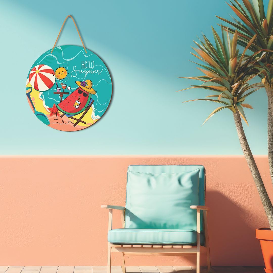 CVANU Hello Summer & Beach Side Round Shaped Wooden Wall Hanging for Wall Decoration (12inchX12inch)_W280