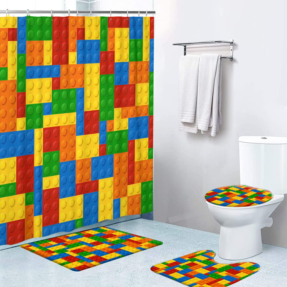Lokmu 4 Pcs Shower Curtain Sets With Non-Slip Rugs,Toilet Lid Cover And Bath Mat,Colorful Blocks Waterproof Shower Curtain With