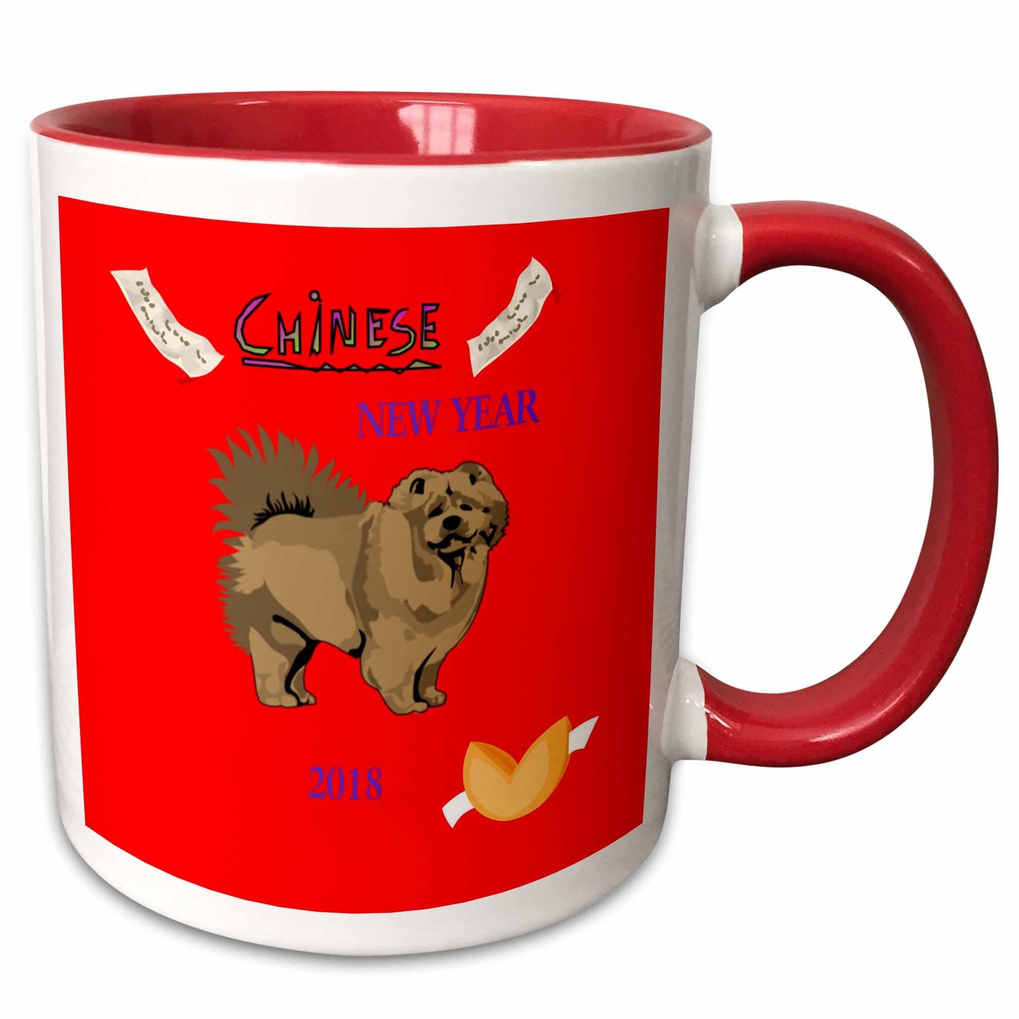 3dRose Image of Chinese New Year With Chow Dog and Fortune Cookie 11oz Two-Tone Red Mug