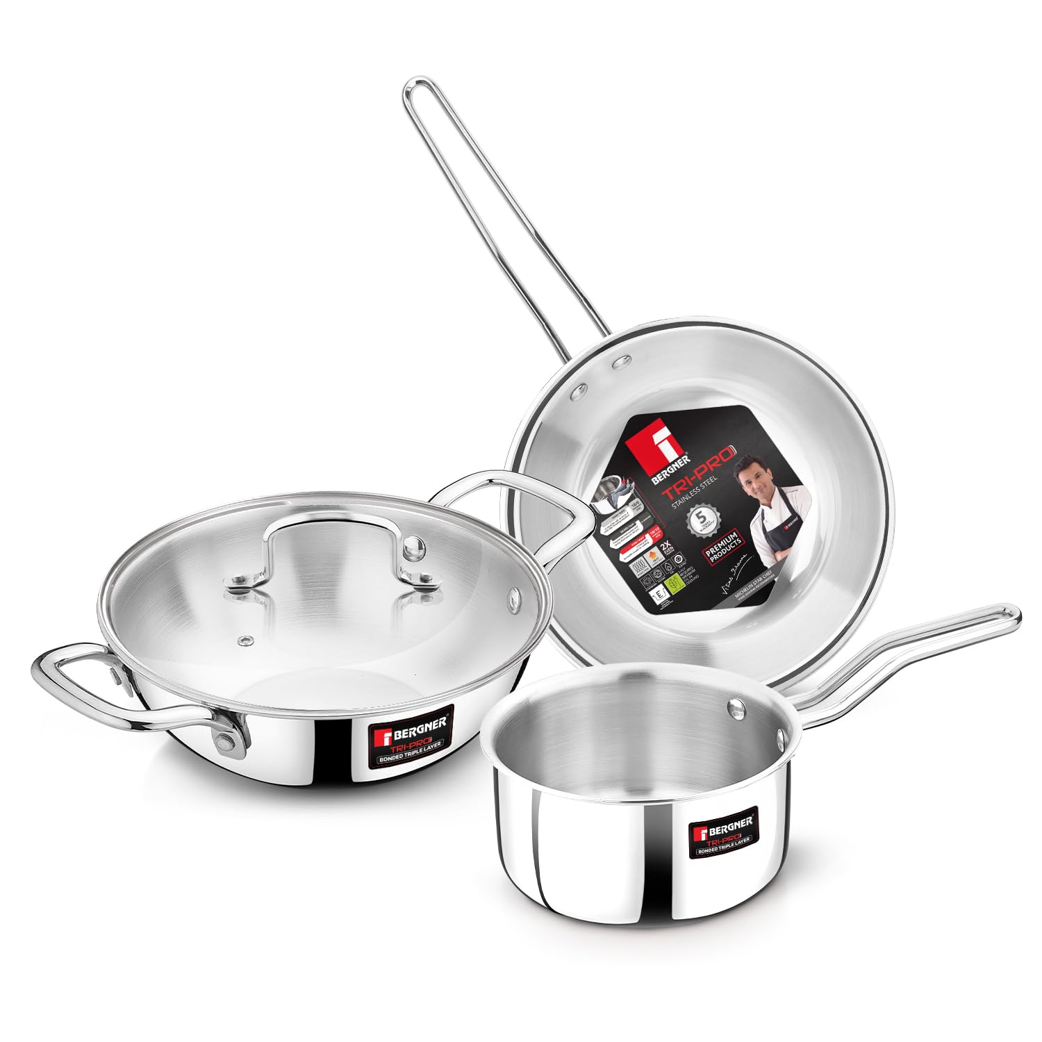 Tripro Triply Stainless Steel 4 Pcs Cookware Set  Kadai 22Cm (2L) With Glass Lid, Frypan 22Cm (1.2L), Saucepan 14Cm (1L), Consu