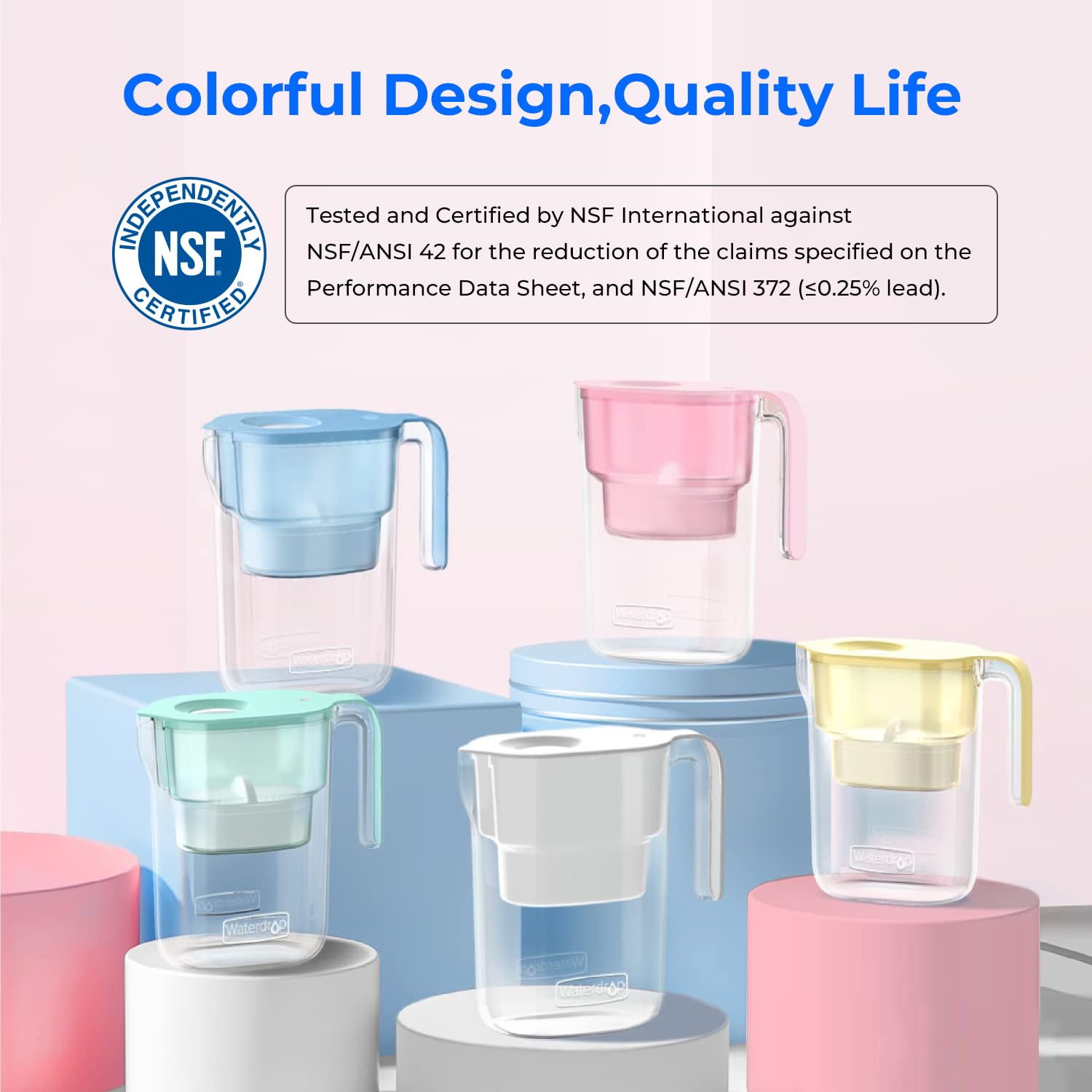 Waterdrop 200-Gallon Long-Life Elfin 7-Cup Water Filter Pitcher With 1 Filter, Nsf Certified, 5X Times Lifetime, Reduces Pfas, P