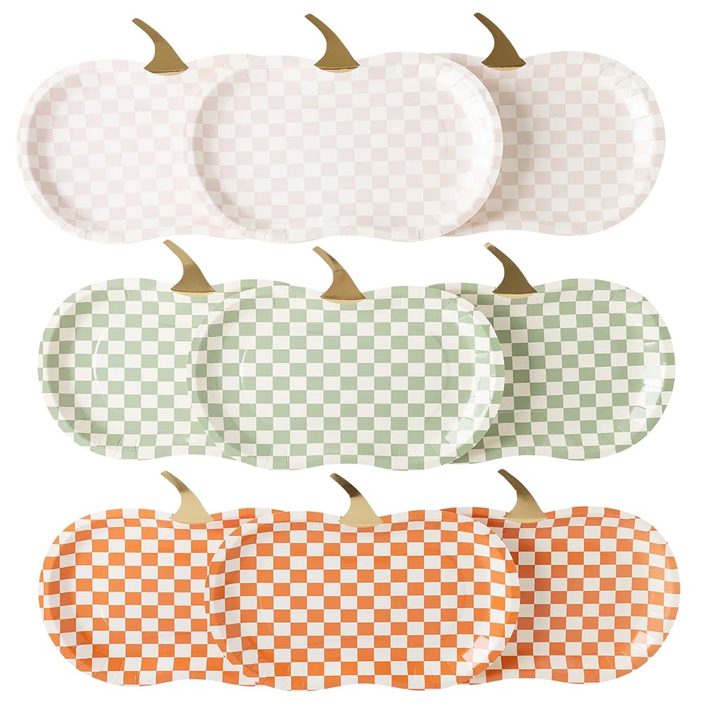My Minds Eye Thanksgiving Dinner Plates, Table Decor 11 Decorative Paper Plate, Decorations Disposable Plaid Pumpkin Shaped, 6