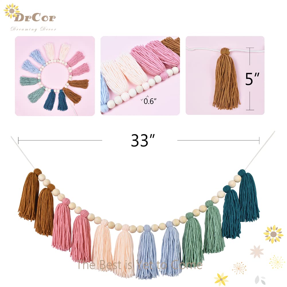 DrCor Boho Rainbow Tassel Garland - Handmade Cotton Yarn Wall Hanging in Earthy Tones for Nursery, Baby Shower & Kids Room Decor