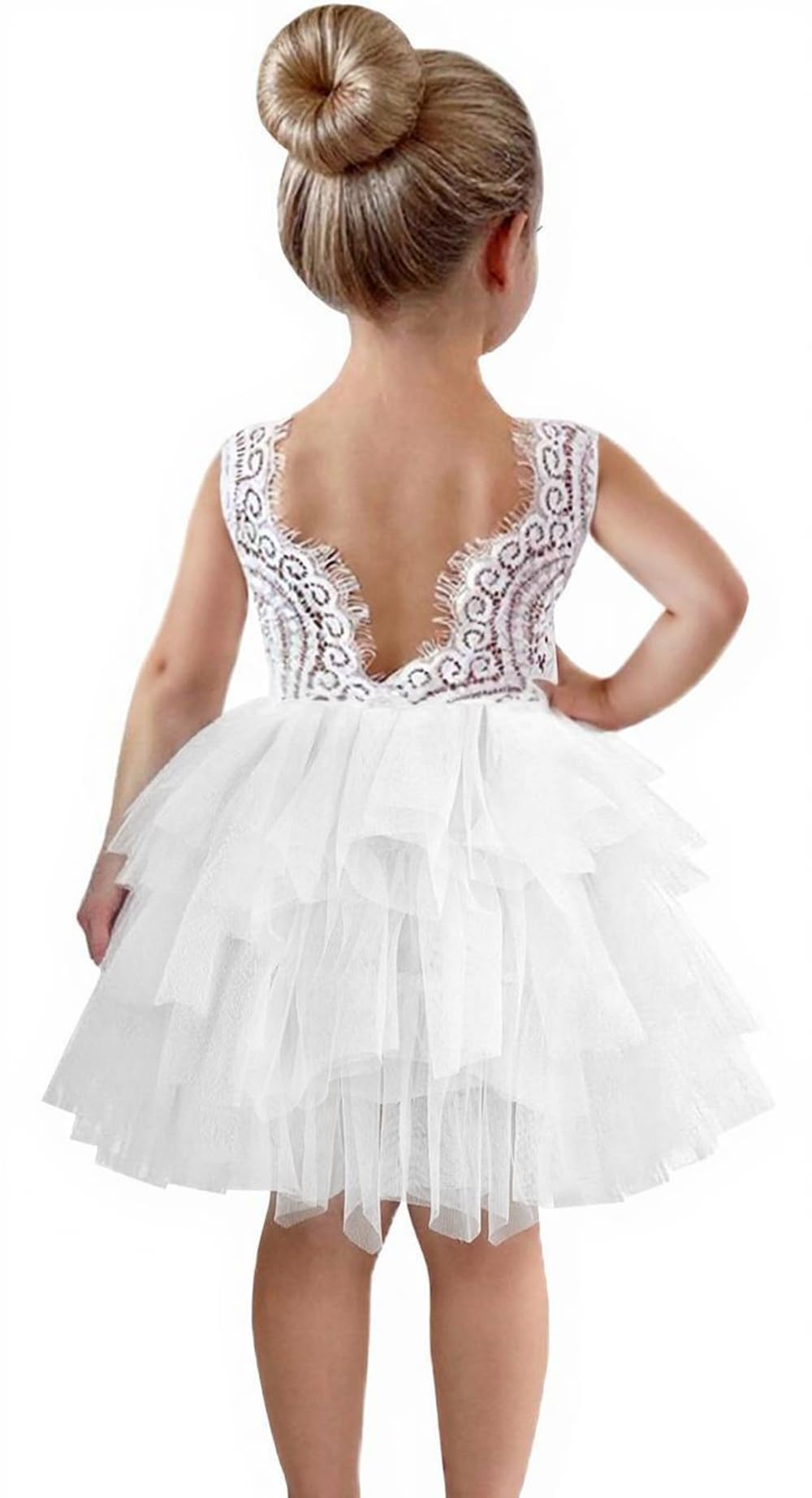 2Bunnies Girl Beaded Peony Lace Back A-Line Tiered Tutu Tulle Flower Girl Dress (White Short Sleeveless, 3T)