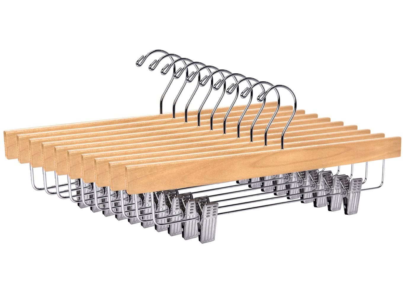Quality Hangers Wooden Pants Hangers - 10-Pack Swivel Hook Cloth Hanger Set - Lotus Wood Skirt, Pant, Shorts And Slack Hangers W
