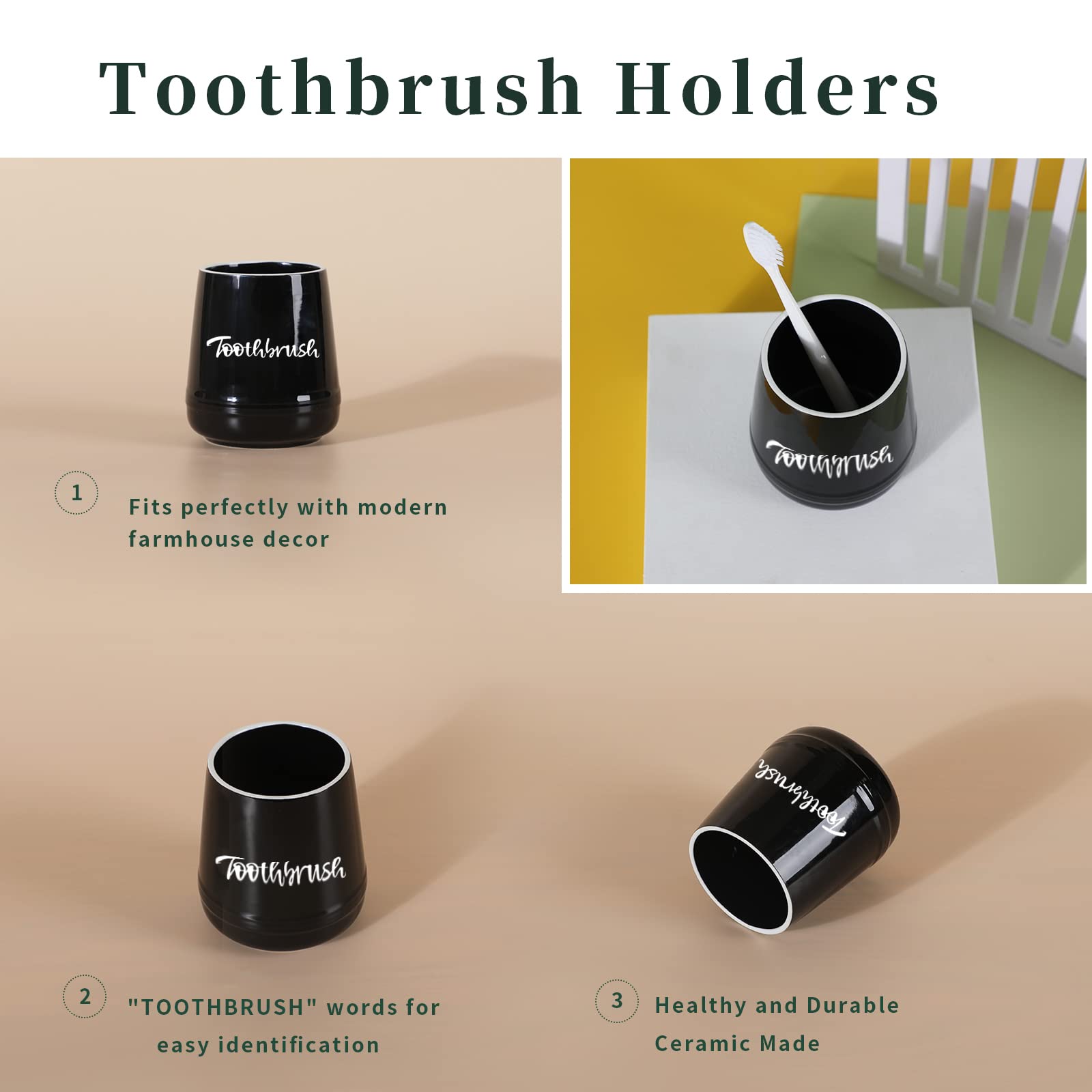 Leetoyi Porcelain Toothbrush Holder For Bathroom Vanity And Countertop, Brushing Holder Easy To Clean (Black)