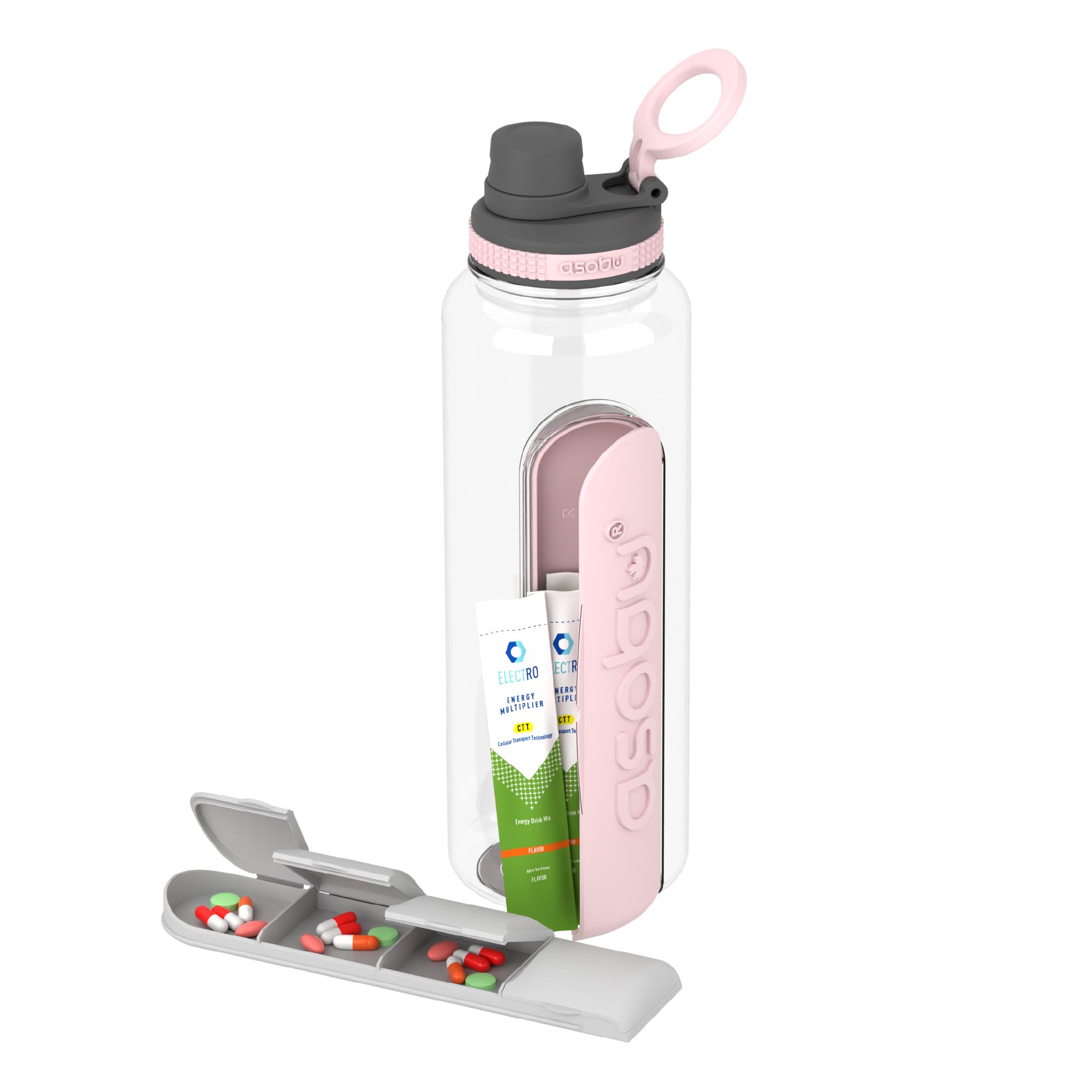 asobu Electrolyte Large Sports Water Bottle with Interchangeable Packet and Pill Storage Compartments Durable Tritan 40oz (Pink)