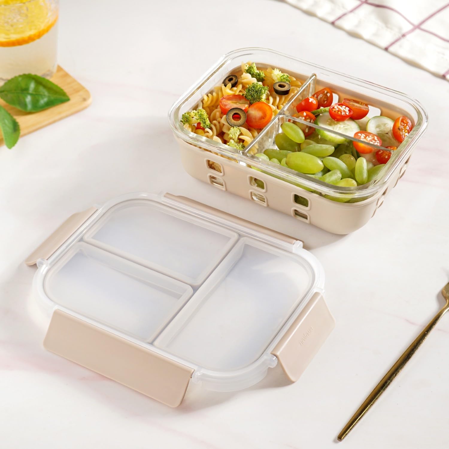 Nestasia Glass Lunch Box With Silicone Sleeve (1000Ml) - Borosilicate Glass Lunch Box With 3 Compartments For Office | Microwave