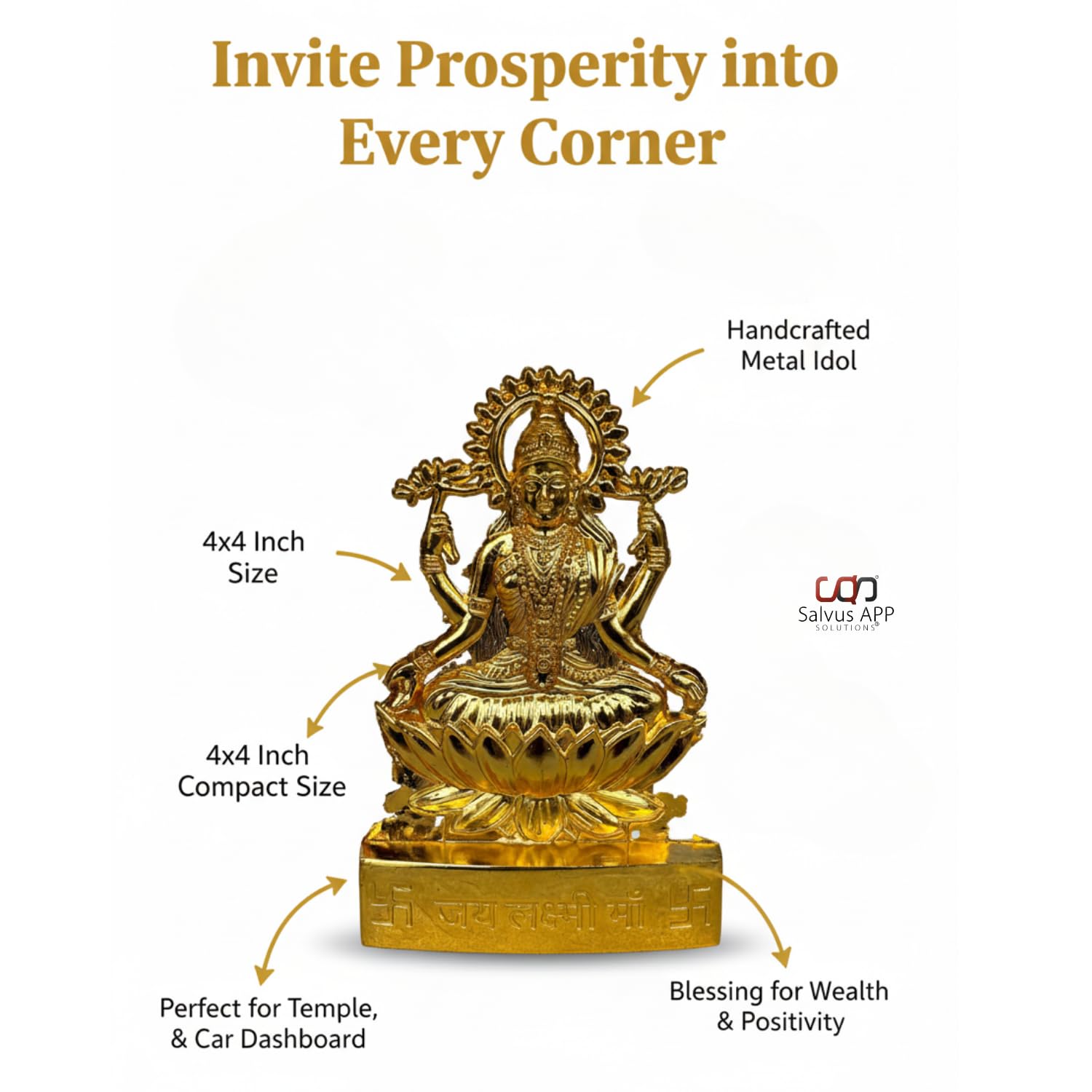 Salvus App Solutions Traditional Metal Handmade Maa Laxmi Murti/Statue For Home-Office Decor & Car Dashboard (4X4 Inch)