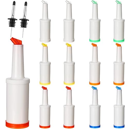 Fruit Juice and Liquor Pour Bottles Bar Supplies Pour Bottles Plastic Juice Pour Bottles with Stainless Steel Bottle Pourer Tapered Spout for Liquor Juice Store 34 OZ (Multi Colors 12 Pack)