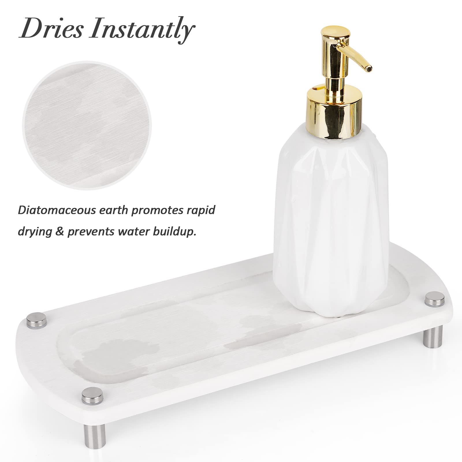 Ozzptuu Sink Caddy Instant Dry Kitchen Sink Organizer Sponge Holder for Kitchen Sink Diatomaceous Pedestal Stand Riser with Stainless Steel Feet Protection for Modern Home (White 2pc)