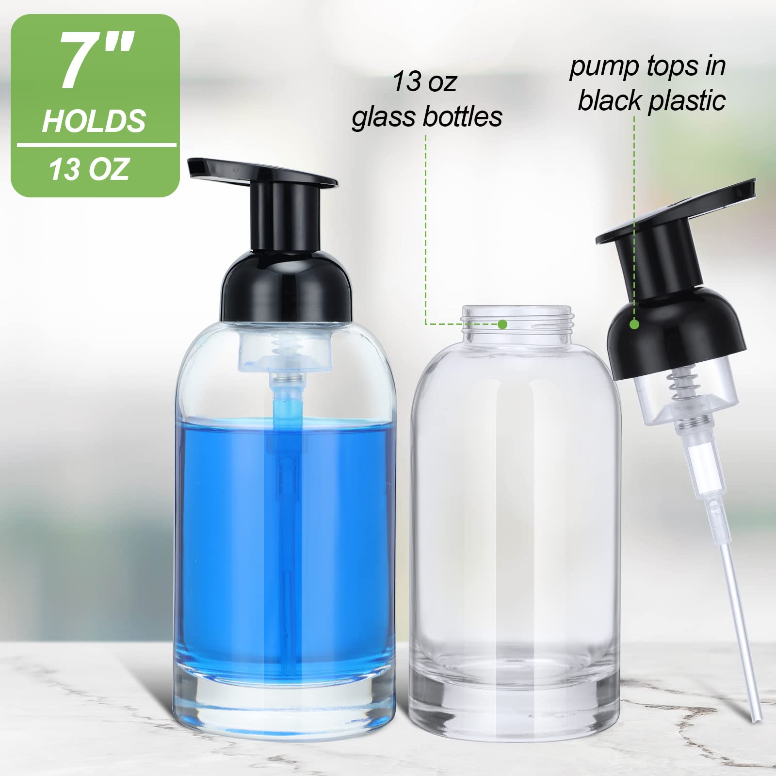 Eccliy 4 Pack 13 Oz Clear Glass Jar Soap Dispenser With Foaming Pump, Clear Thick Hand Liquid Dish Soap Dispenser Round Bottles