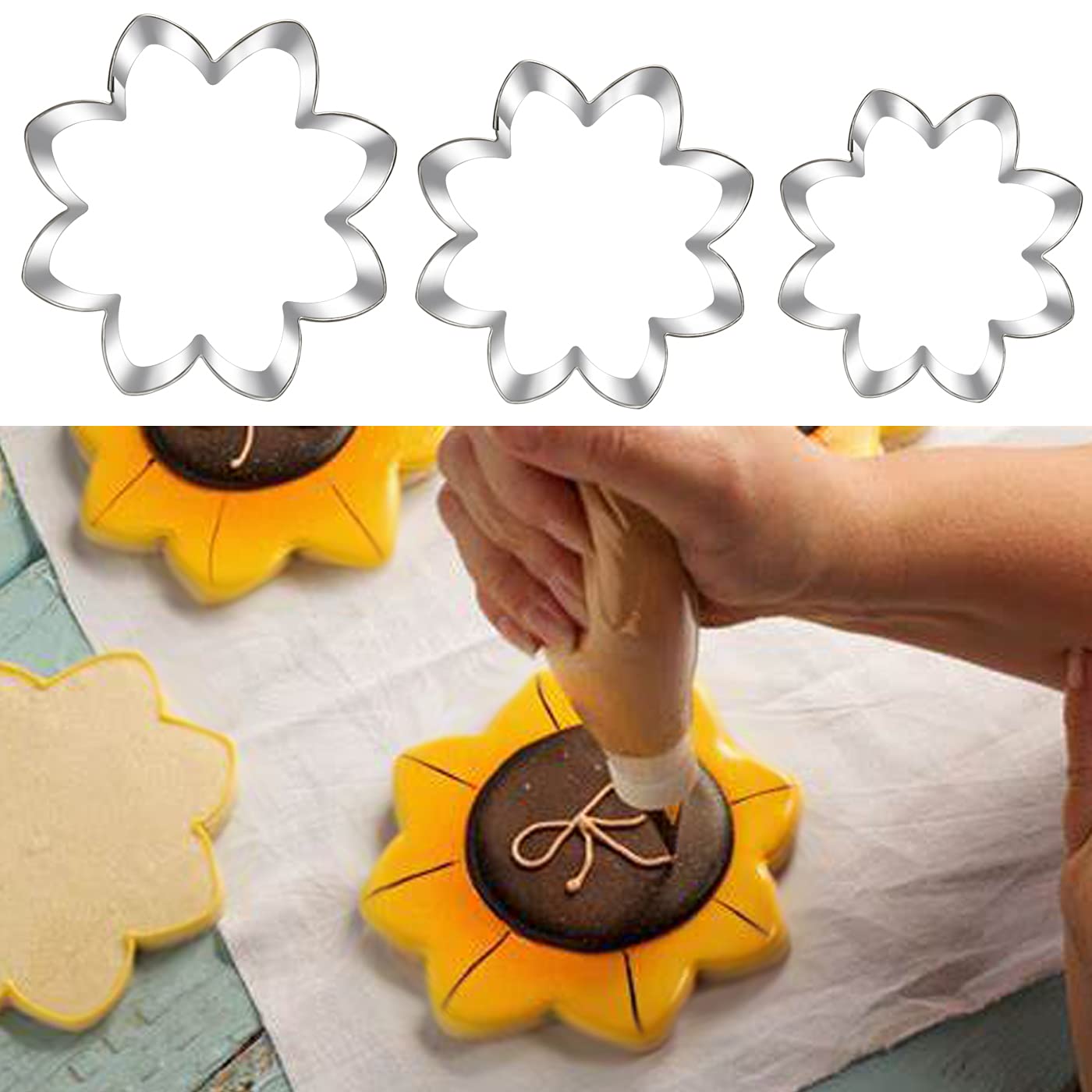 Sunflower Cookie Cutter Set-Size 3.8'' 3.1'' 2.6''-3 Piece-Cookie Cutters for You Are My Sunshine Baby Shower Birthday Party Decorations