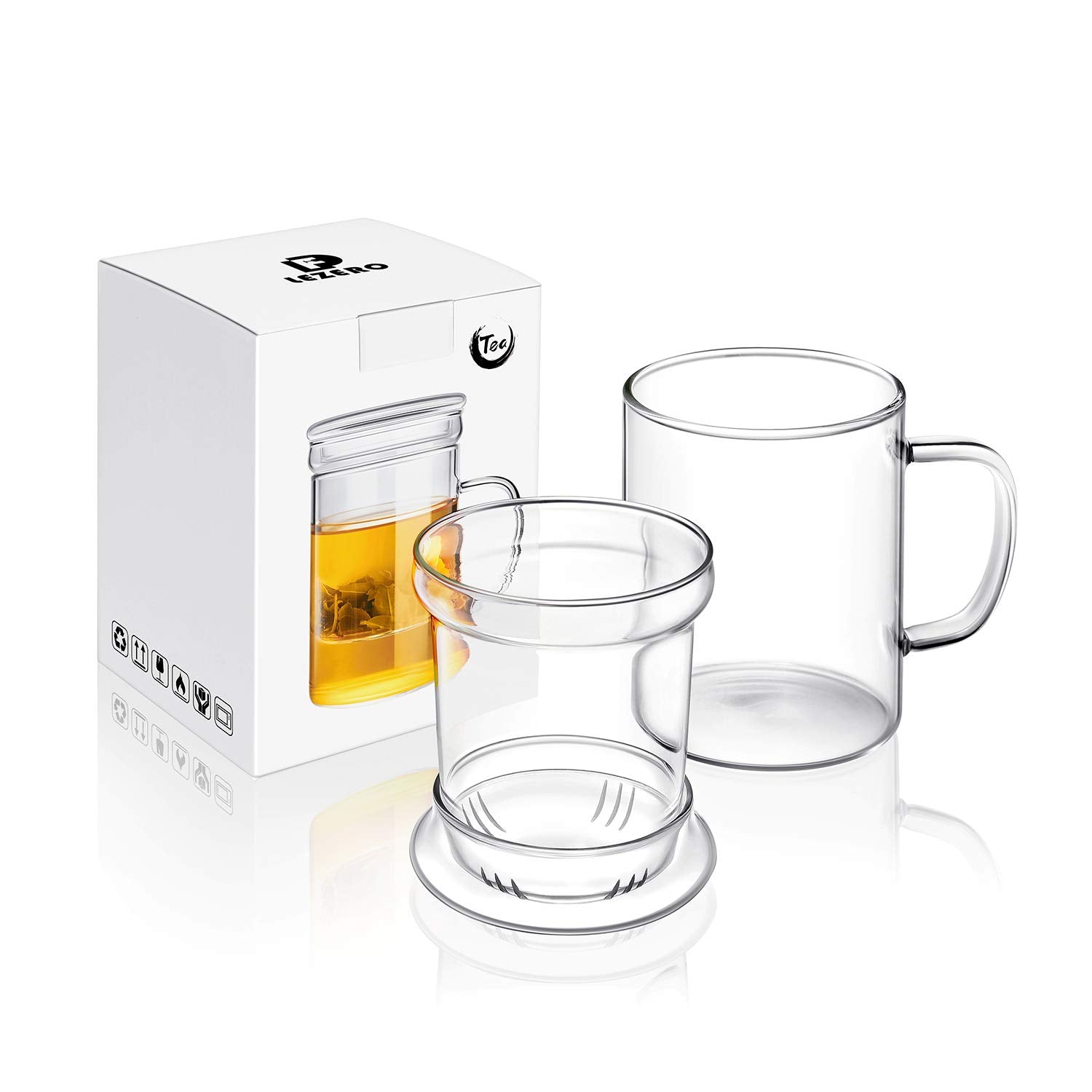 Lezero 14oz Tea Infuser Cups Kit for Loose Leaf-Tea Blooming, Glass Mug with Filter and Lid for Steeping Brewing, Heat Resistanc