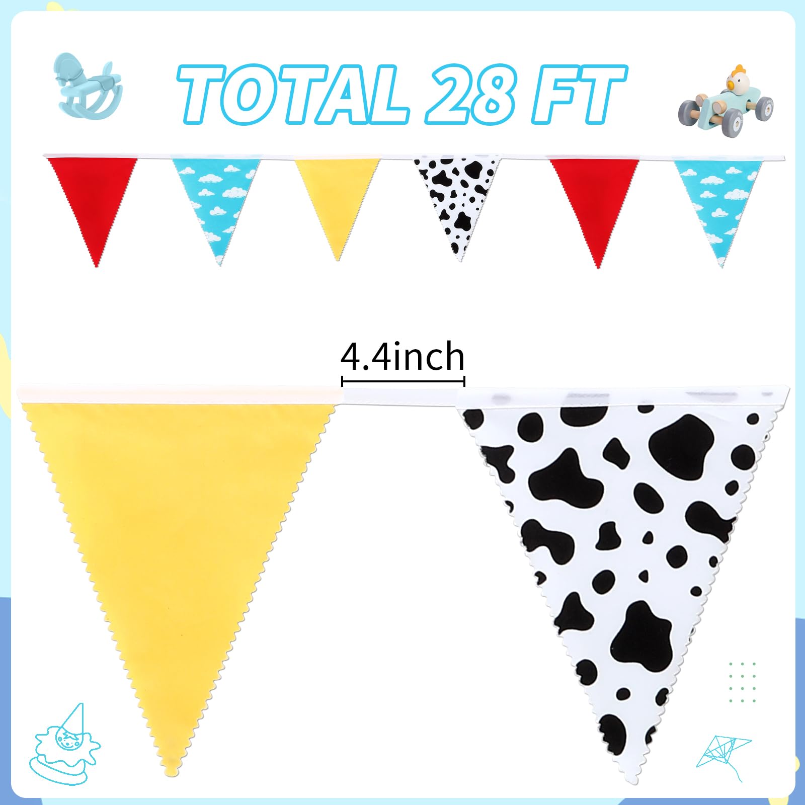 MARFOREVER 28 FT Cartoon Story Party Decorations Blue Sky Cloud Cow Print Fabric Banner Red Blue Yellow Toy Themed Story Pennant