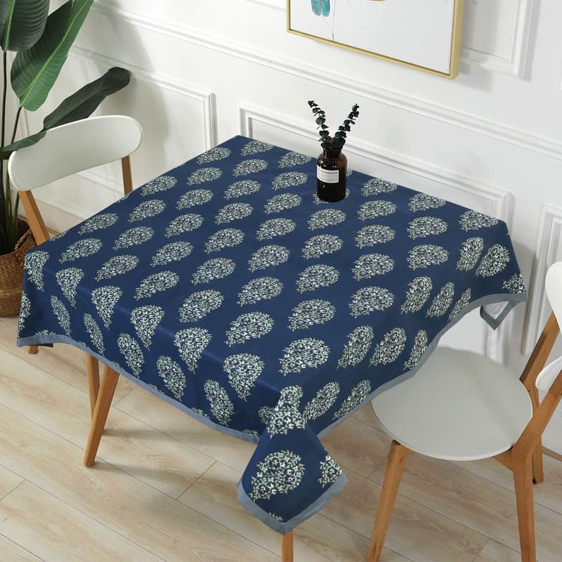 Texstylers Pure Cotton 36 x 36 Inches Floral 2 Seater Square Coffee Table Cloth Cover, Navy Blue