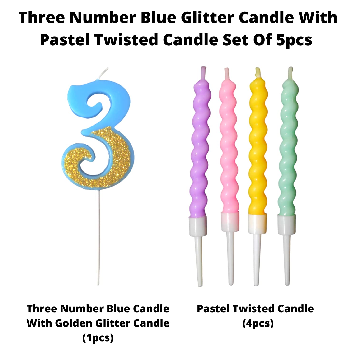 Party Decorz Number 3 Candle | Three Number Candle | Three Number Blue Glitter Candle with Pastel Twisted Candle Set of 5pcs for