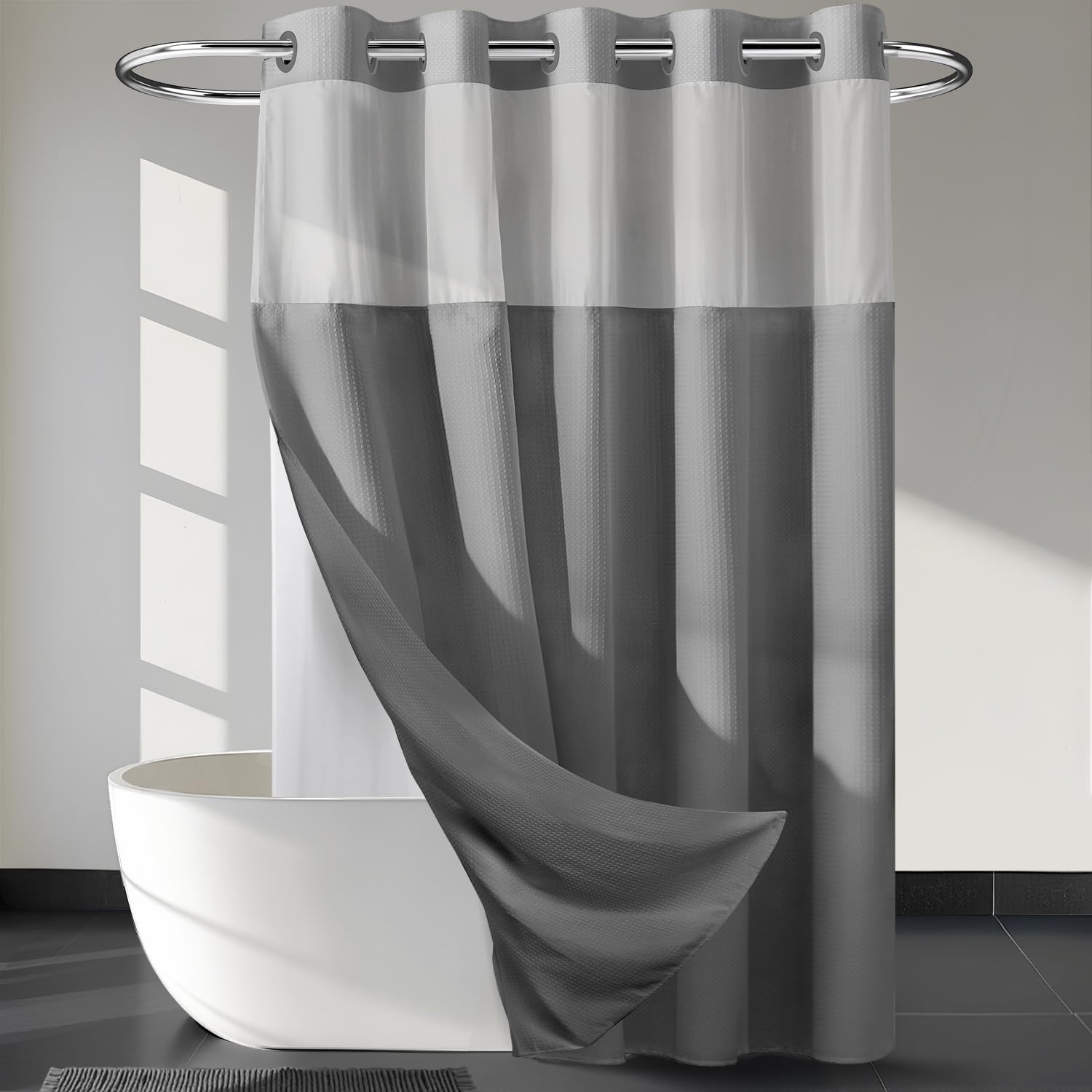 No Hooks Required Waffle Weave Shower Curtain with Snap in Liner - 71W x 74H Hotel Grade Spa Like Bath Curtain Gray