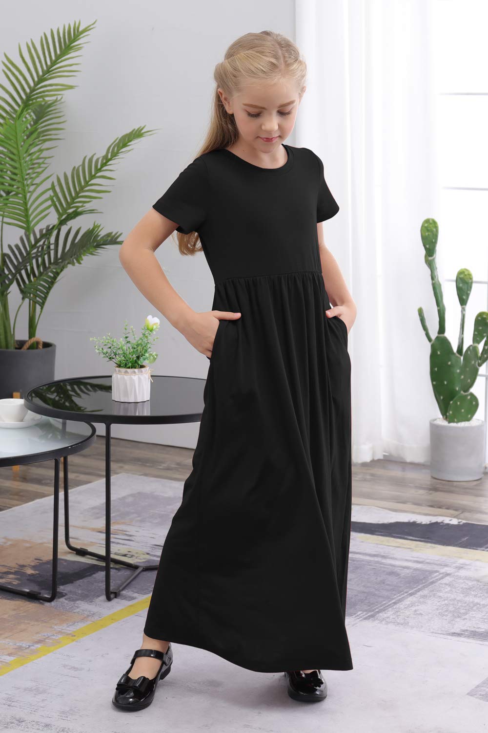 Gorlya Girls Short Sleeve Floral Print Loose Casual Holiday Long Maxi Dress With Pockets (8Yearsheight:130Cm, Black Color)