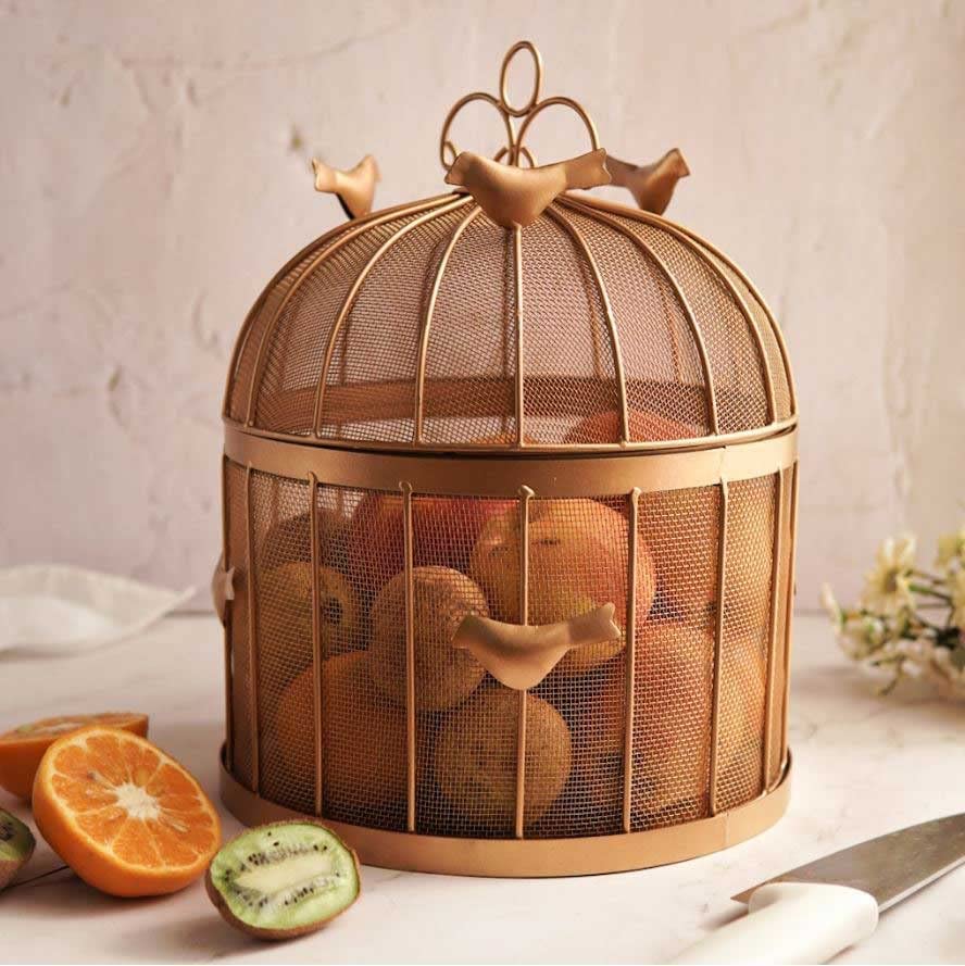 Ali Shipping Bird Cage Style Metal Fruit Basket With Dome Cover, Copper Finish Countertop Produce Organizer For Fruits, Vegetabl