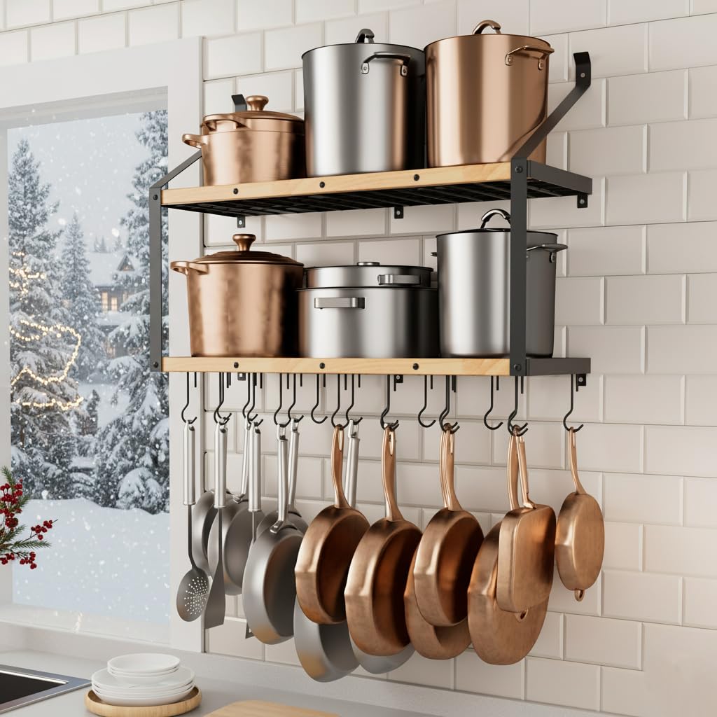 KES 132lb Heavy Duty Hanging Pot Rack Wall Mounted, 34in Solid Wood Design