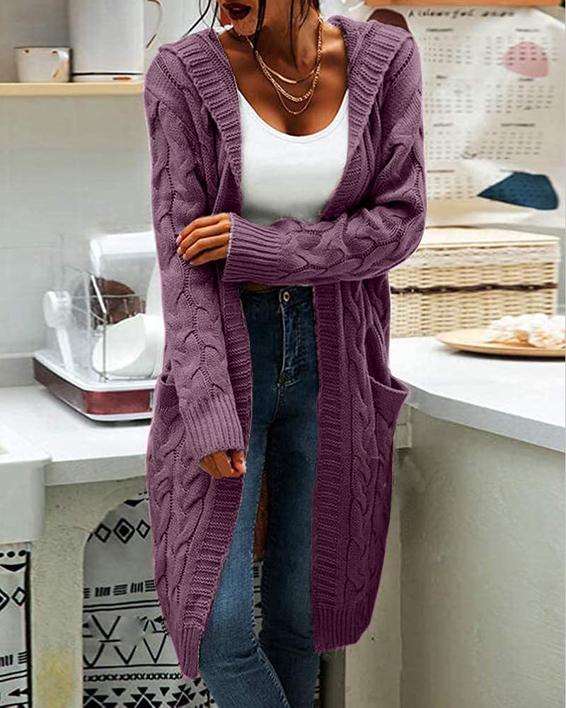 Women Hooded Open Front Cardigan Cable Knit Sweaters Solid Color Chunky Long Sweater Coats Purple