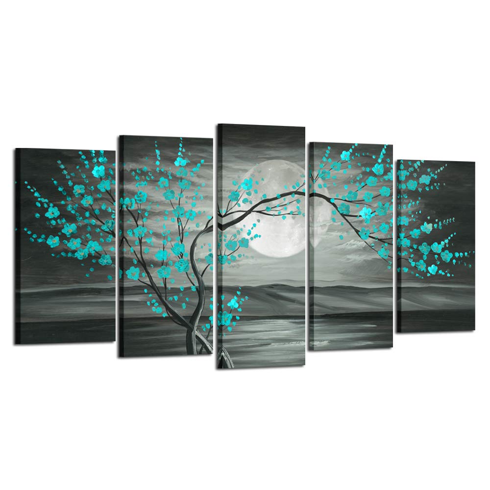 Kreative Arts Large 5Pcs Canvas Wall Art Prints Teal Grey Plum Blossom Tree Full Moon Paintings Contemporary Decorative Artwork