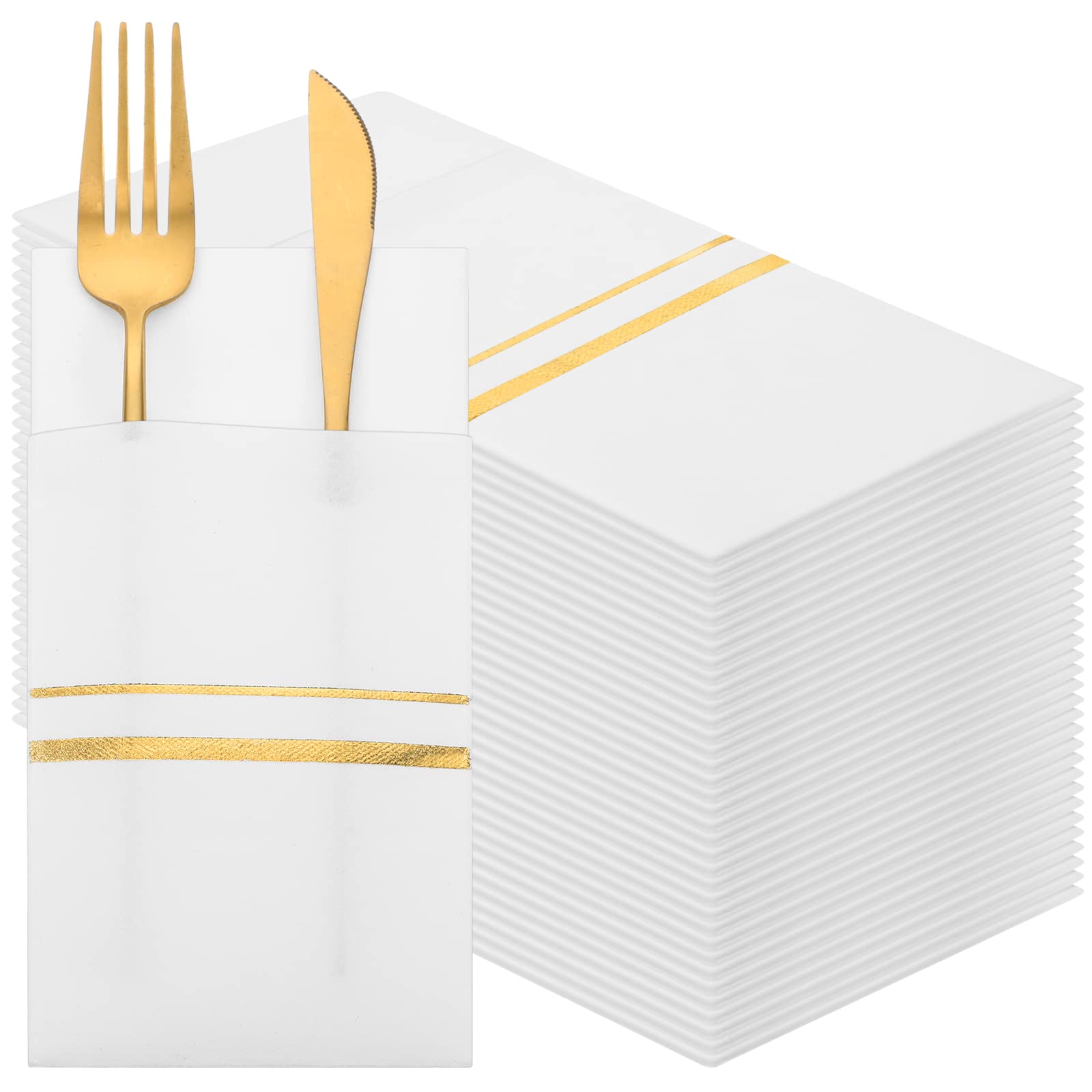 Roshtia 100 Pack Dinner Napkins Disposable Linen Feel Dinner Napkins with Built-in Flatware Pocket Gold Trim Lined Pre Folded Pa