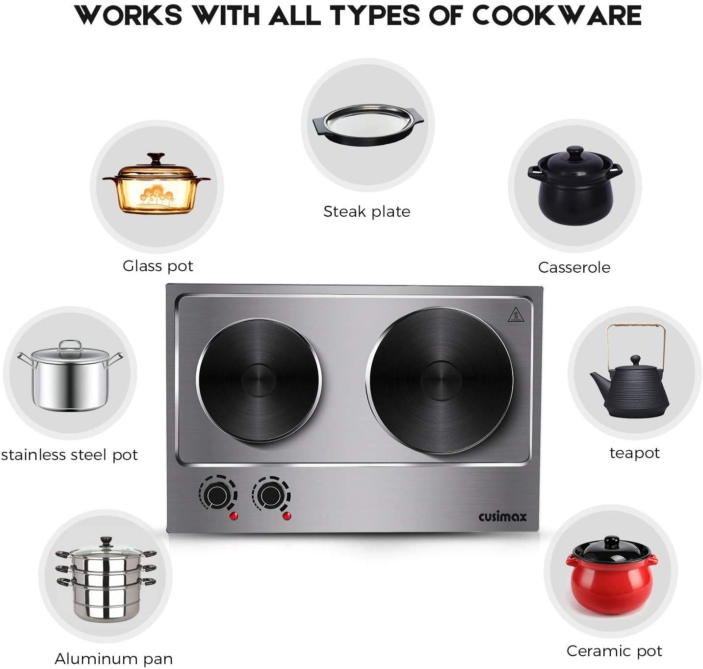 Cusimax 1800W Double Hot Plate, Stainless Steel Silver Countertop Burner Portable Electric Double Burners Electric Cast Iron Hot