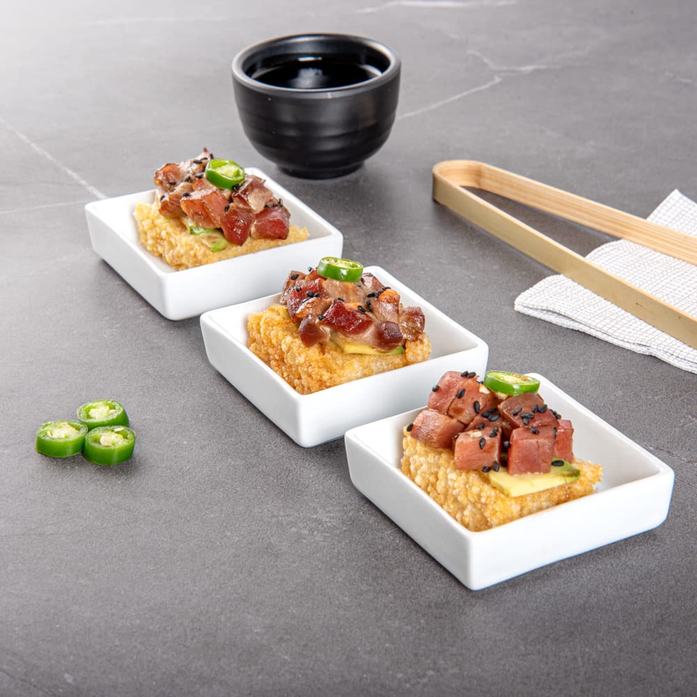 Restaurantware 2.5 Inch Mini Dishes  10 Oven-Safe Square Sauce Dishes - Microwave-Safe  Serve Appetizers  Desserts  or Condiments  White Porcelain Tasting Plates  For Samples or Individual Portions