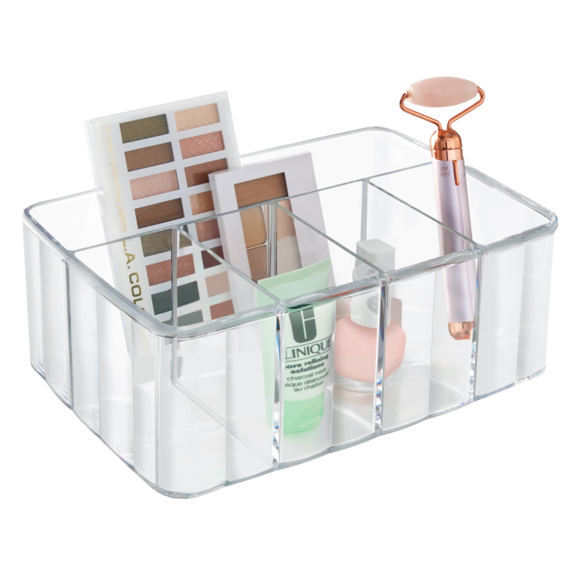 Stori 5-Compartment Clear Plastic Organizer | Rectangular Divided Makeup And Vanity Storage Bin And Office Desk Caddy | Scallope