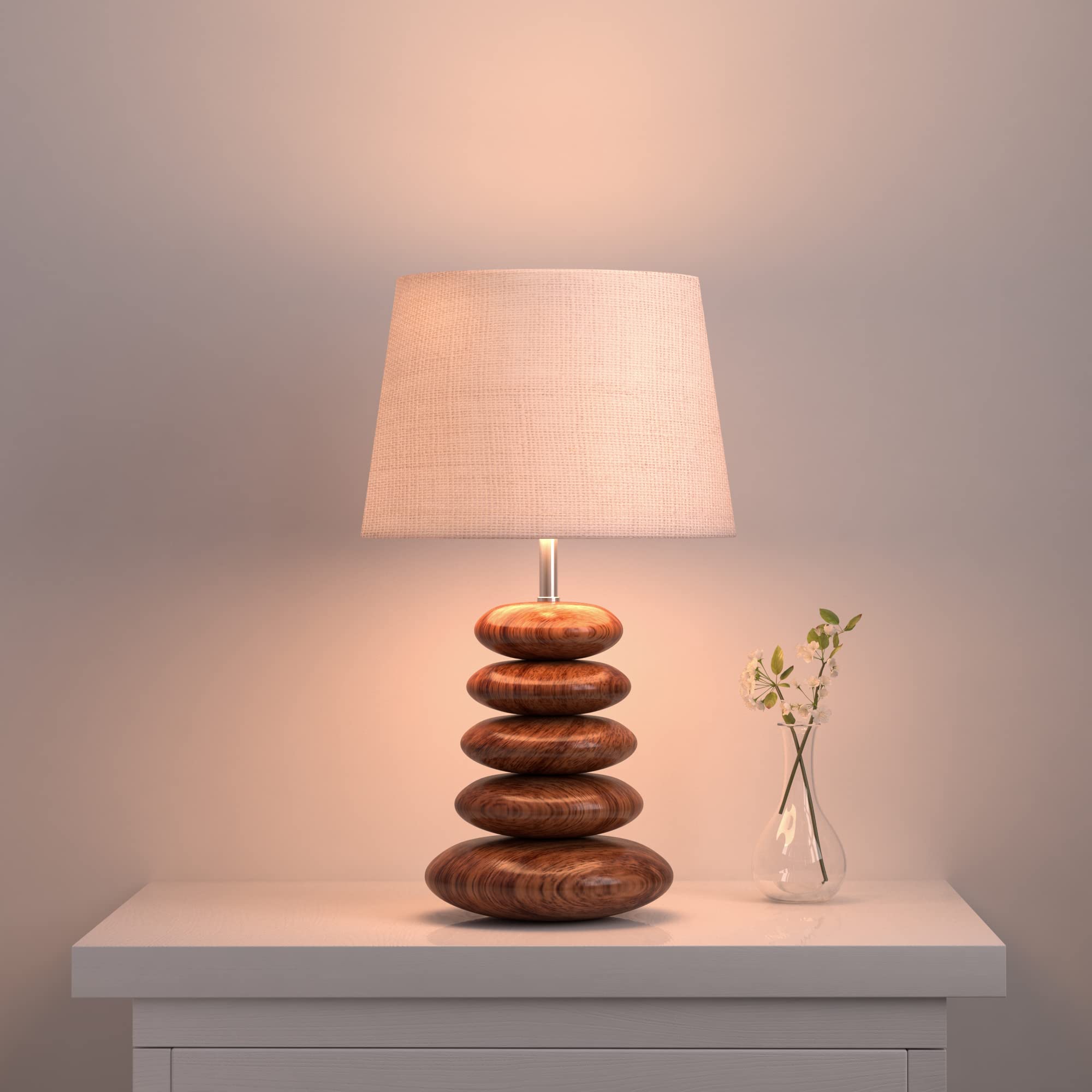 Divine Trends Wood Pebble Table Lamp 19 Inches Height With 10 Inches Diameter Cream Jute Lamp Shade For Bedroom, Bedside, Living