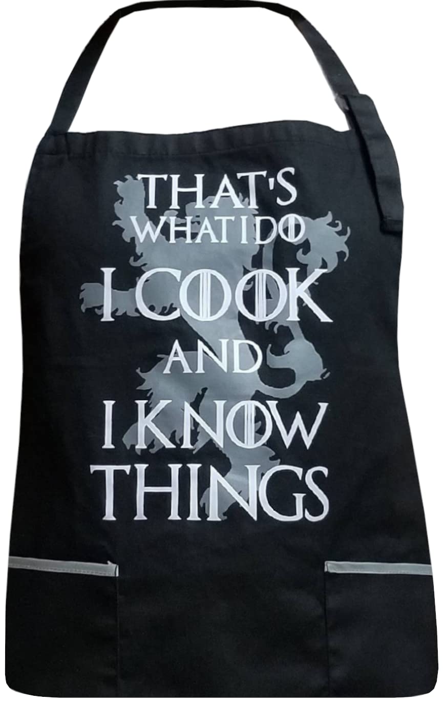 INVEST IN SOLUTIONS Thats What I Do I Cook & I Know Things - 100% Cotton Black Apron with 2 Grey Tone Pockets - Adjustable Stra