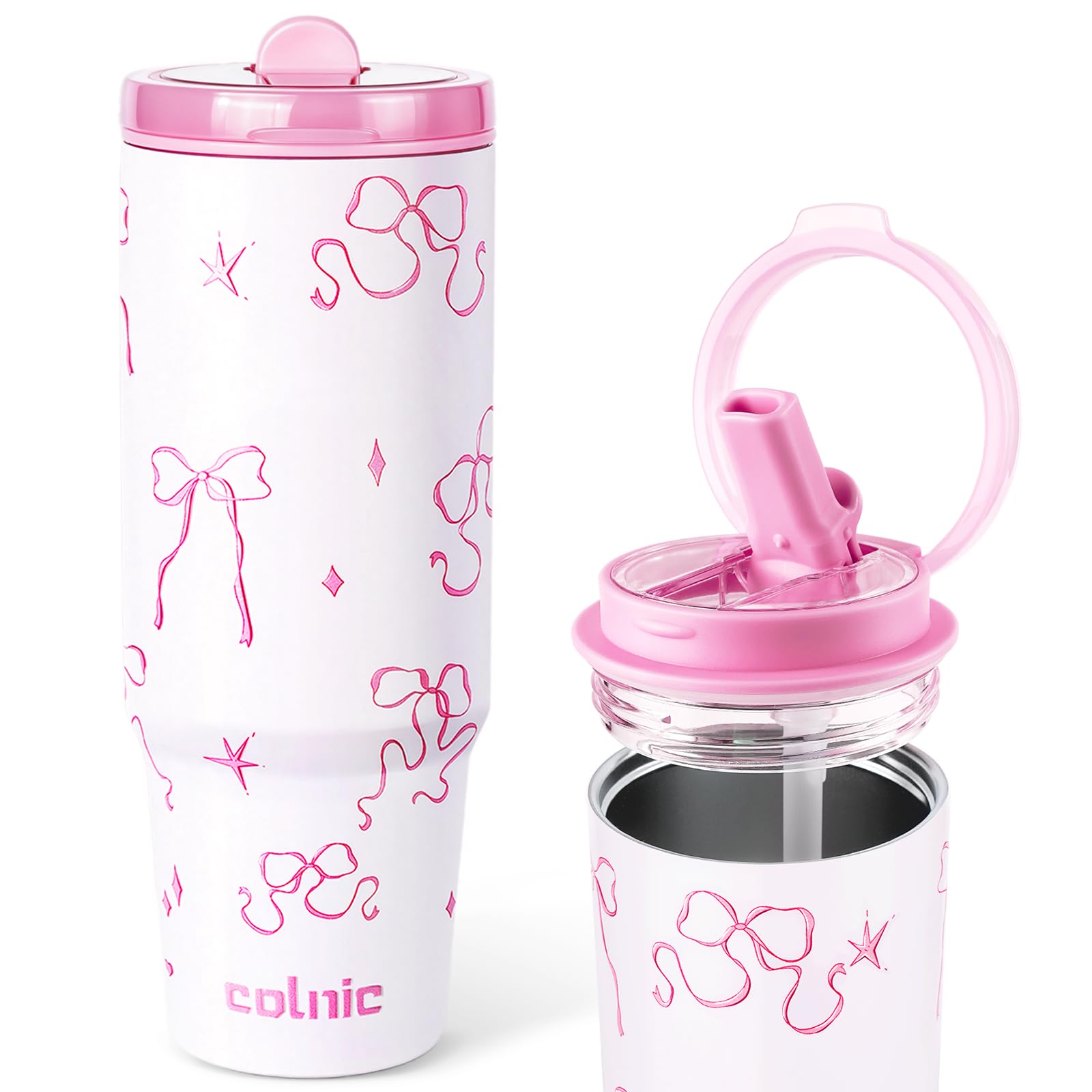 Colnic 30 oz Pink Bow Tumbler with Straw and Handle, Cute Water Bottles for Women Girls Cup, Insulated Travel Coffee Tumbler, Le