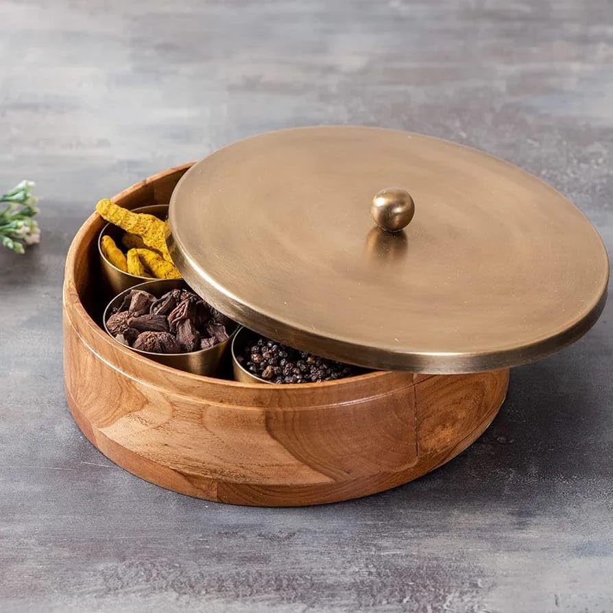 Eddika Masala Box For Kitchen Spice Box Storage/Organisers | Anjarai Petti For Kitchen Wooden Stainless Steel Masala Box 7 Jars 