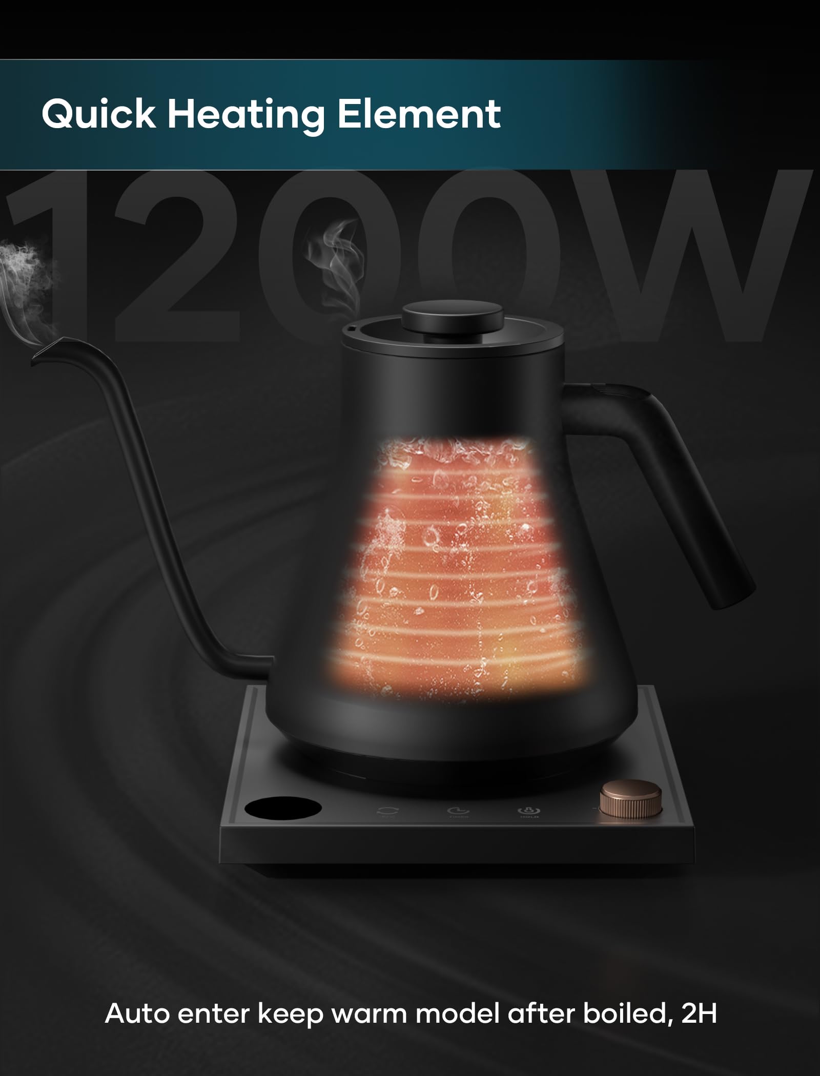 INTASTING Gooseneck Electric Kettle, 1500W, ±1℉ Temp Control, Stainless Steel, 0.9L, Black, Model CEK-219